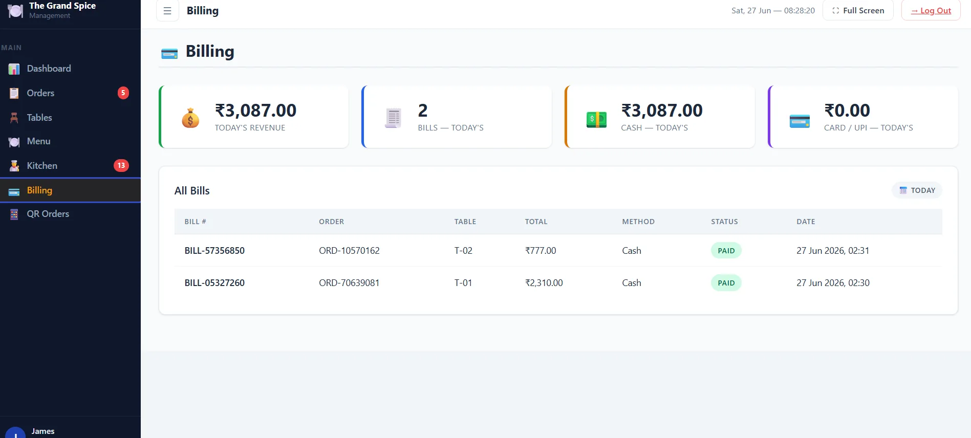 DineFlow billing dashboard with daily revenue and payment methods