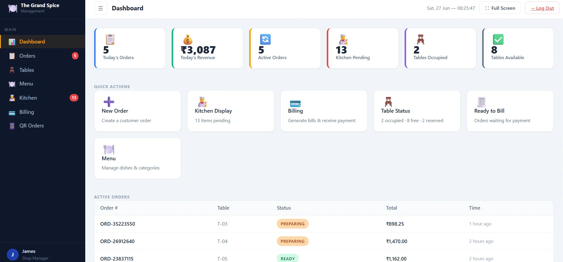DineFlow dashboard showing daily orders, revenue and table status