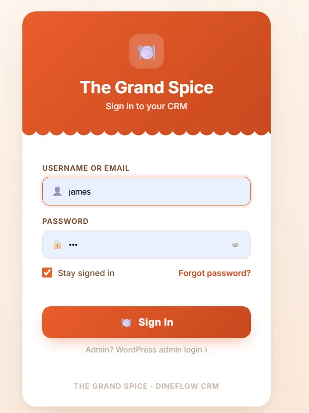 DineFlow CRM secure staff login screen