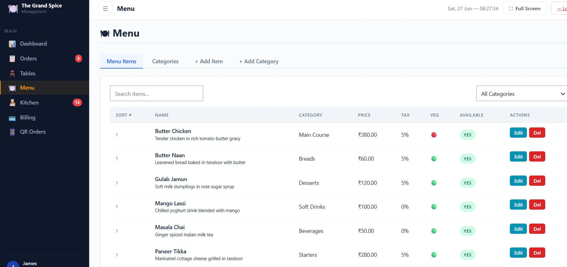 DineFlow menu management screen with categories and pricing