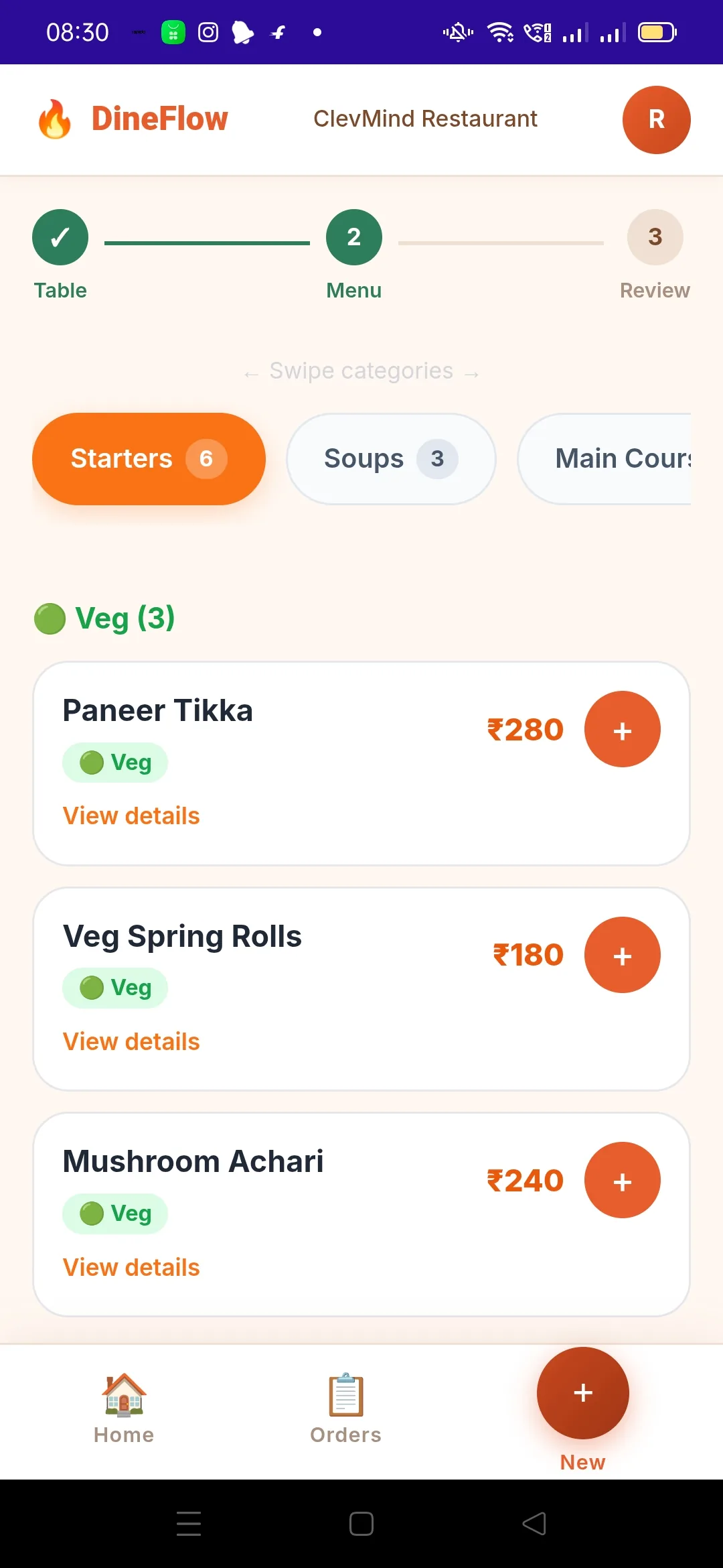 DineFlow mobile app menu browsing screen for placing a new order