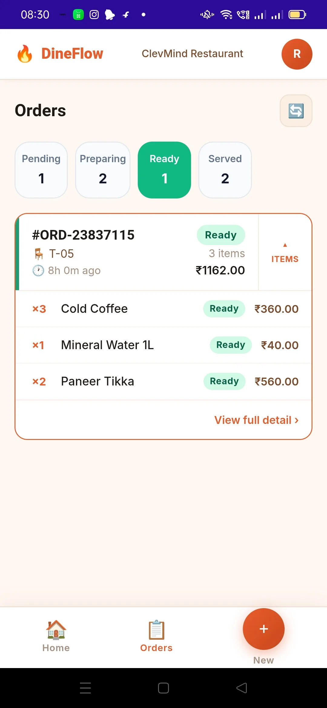 DineFlow mobile app showing orders grouped by status