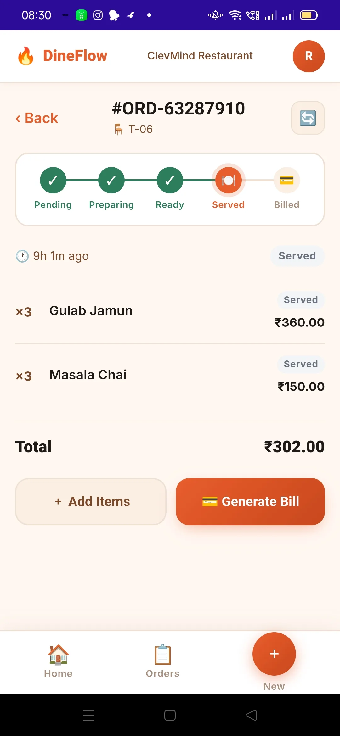 DineFlow mobile app order status screen ready to generate a bill