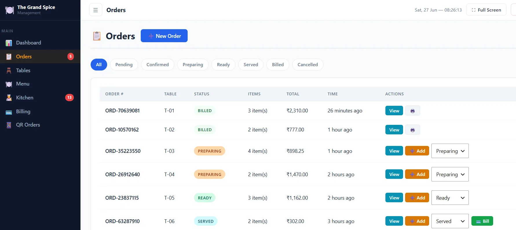 DineFlow orders list with status filters for a restaurant
