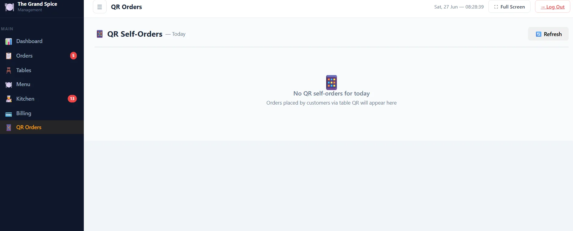 DineFlow QR self-order dashboard for contactless ordering