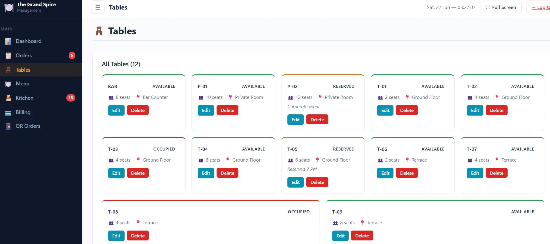 DineFlow table management grid showing free, occupied and reserved tables