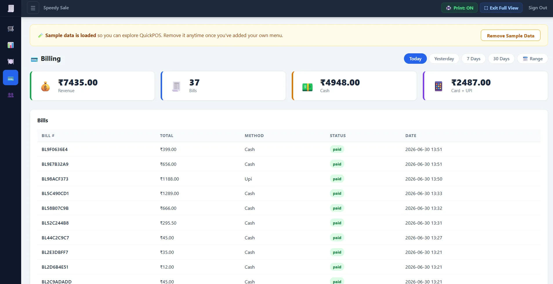 QuickPOS Billing tab showing bill history with payment methods and revenue