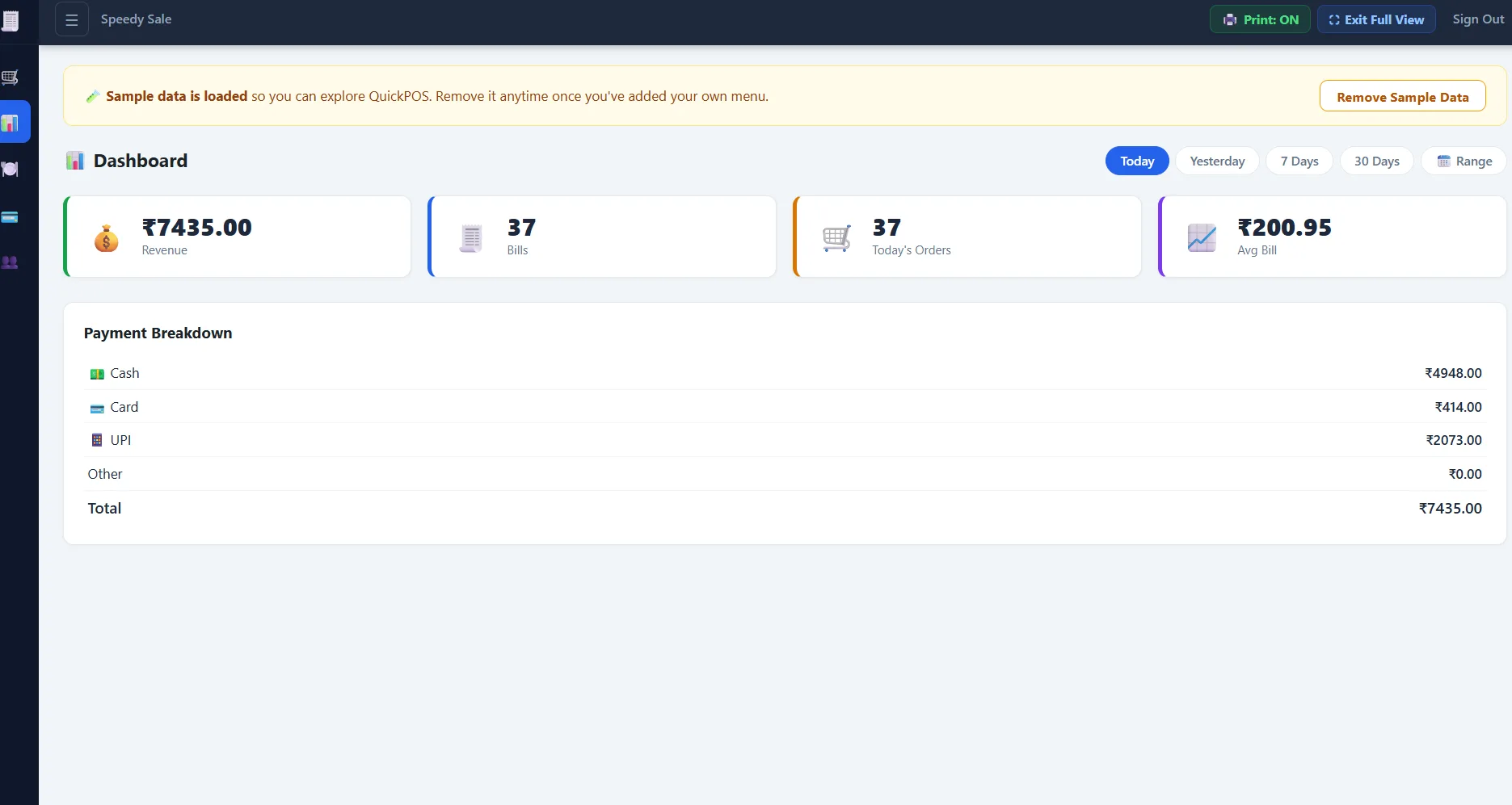 QuickPOS Dashboard tab showing daily revenue, order count and top items