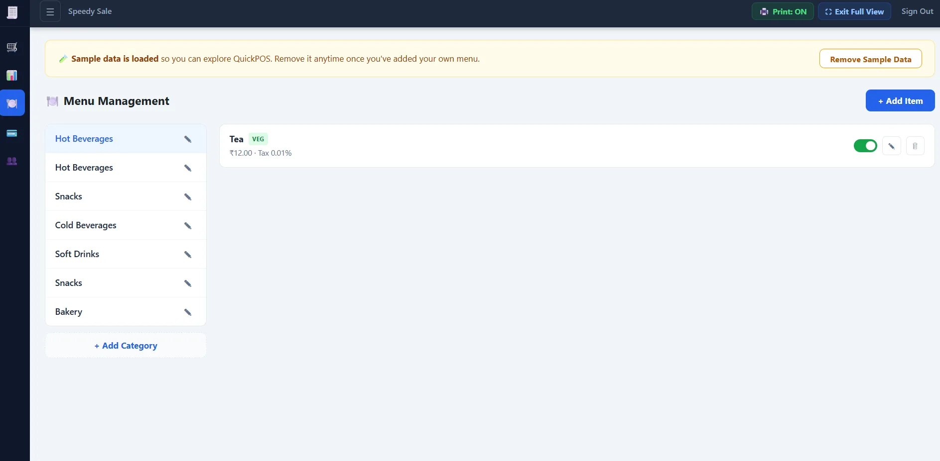 QuickPOS Menu tab showing categories and menu item management