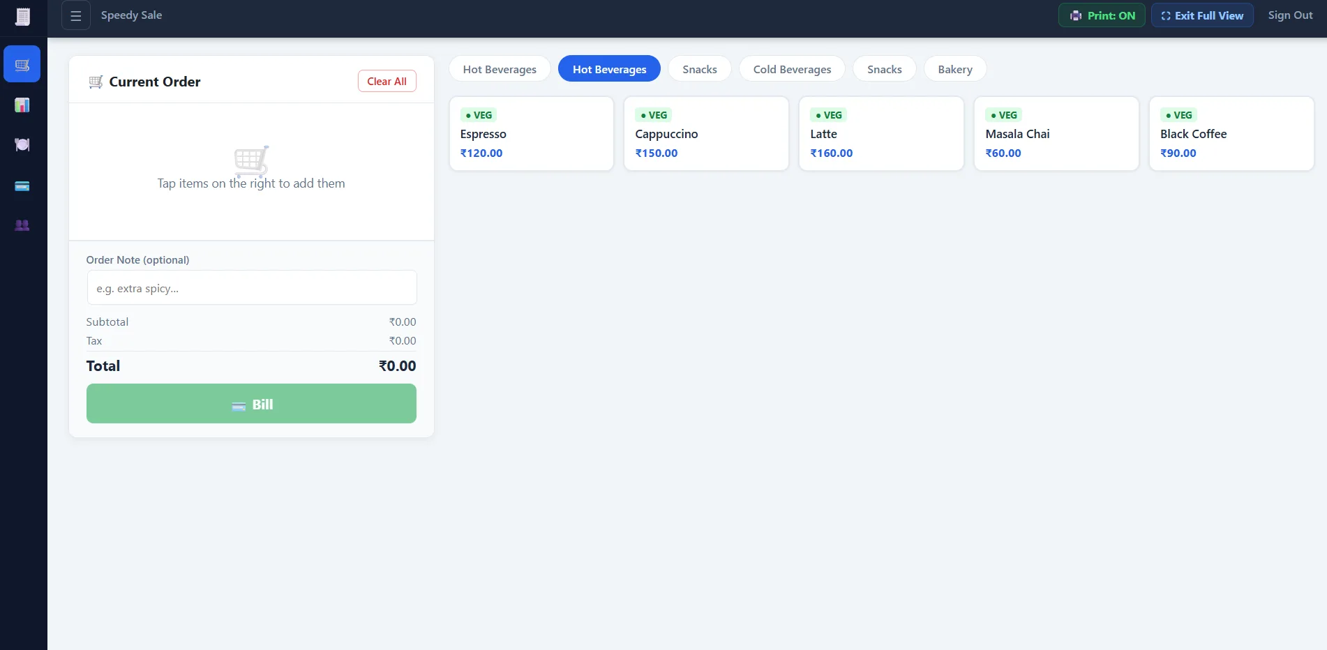 QuickPOS Orders tab showing the POS split-screen with menu items and current order
